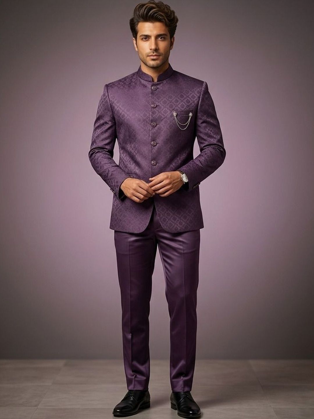 Rajkuwar Rajkuwar Self Design Mandarin Collar Single-Breasted Ethnic Blazers