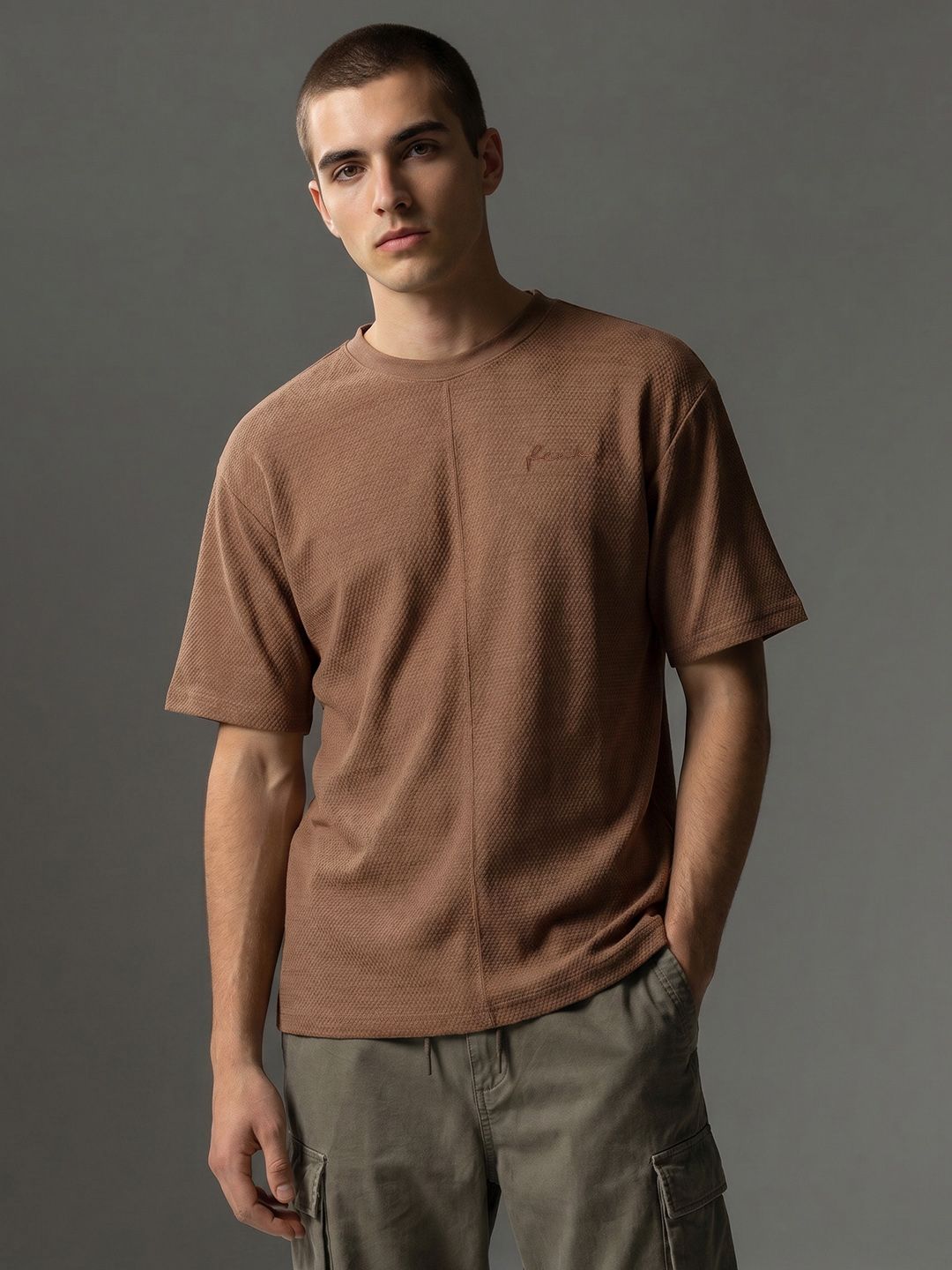FCUK Oversized Fit Self Design Textured T-shirt