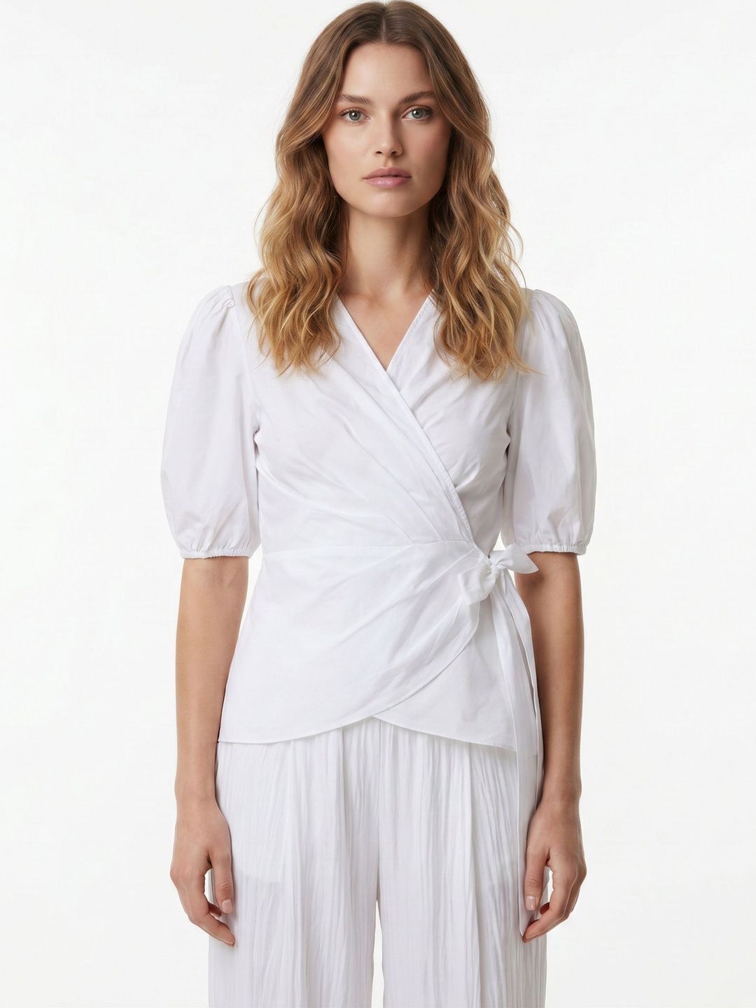 Puff Sleeve Wrap Top COVER STORY Puff Sleeve Cotton Wrap Top