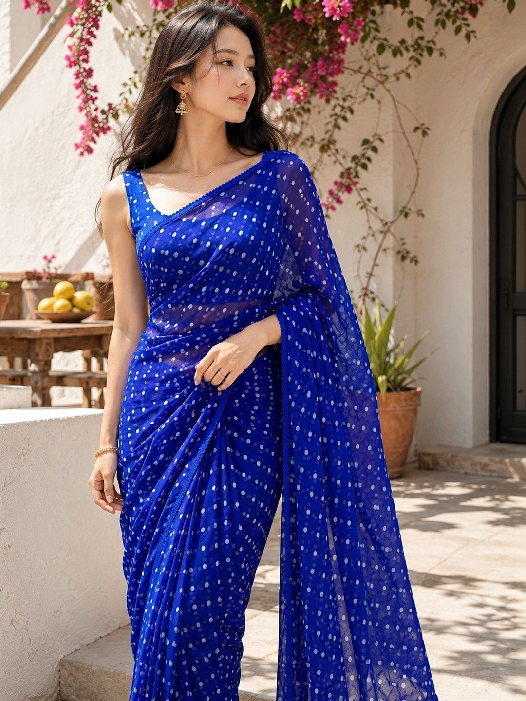 Moda Rapido Moda Rapido Polka Dot Poly Georgette Designer Maheshwari Saree