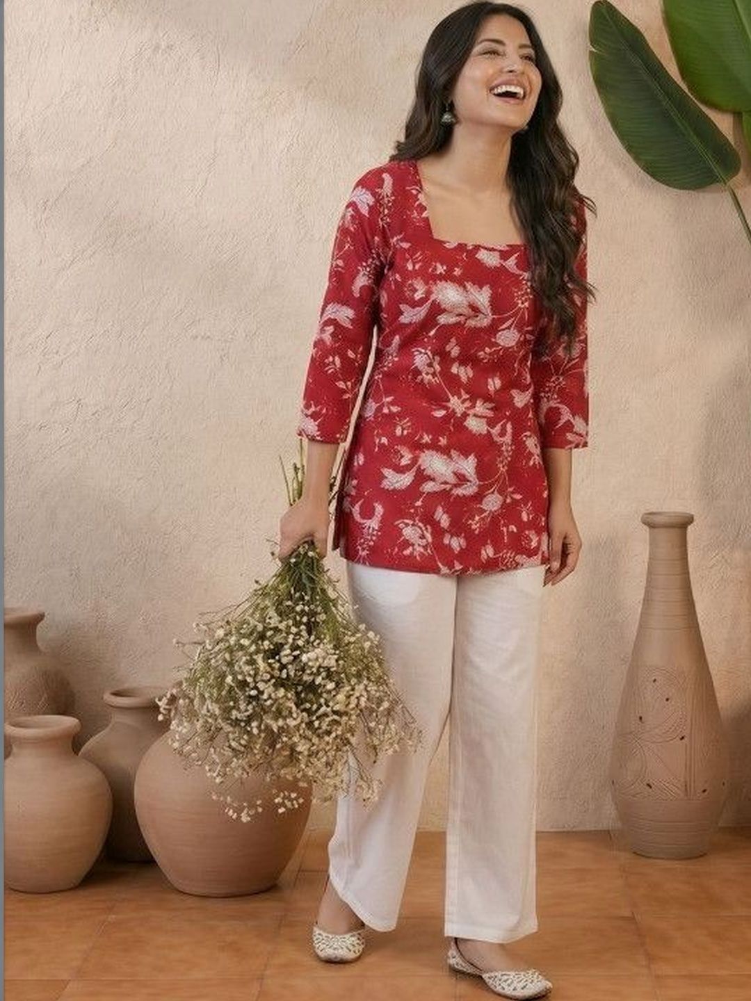 Sangria Botanical Printed Square Neck Pure Cotton Blend Handloom Kurti