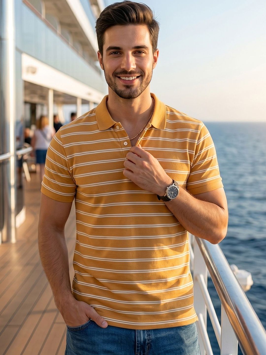 RELANE Men Striped Polo Collar T-shirt