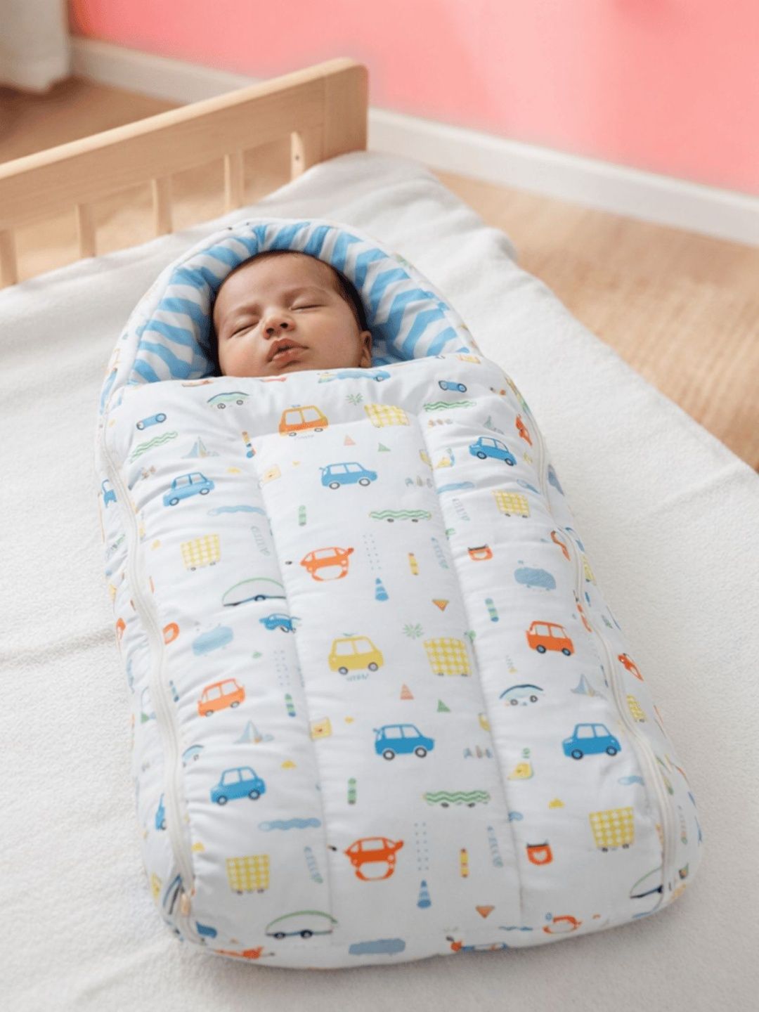 Playful Plunge Blue & White Cartoon Characters Cotton 1 Piece Crib Regular Bedding Set