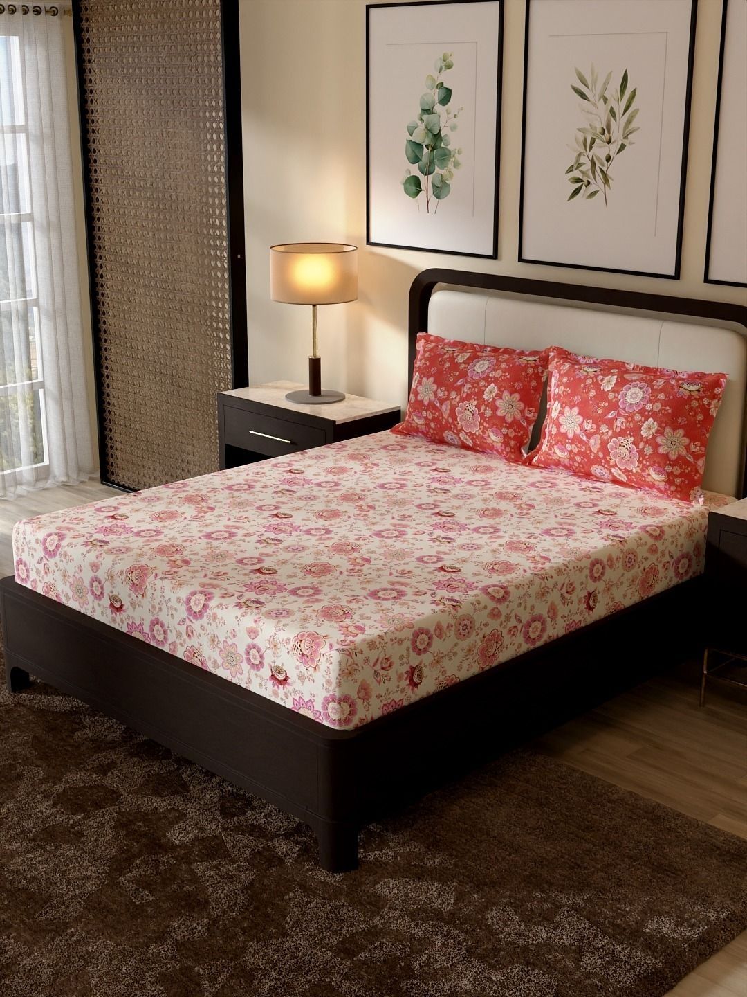Portico New York Signature Portico New York Signature Cream-Coloured Floral 180 TC King Bedsheet with 2 Pillow Covers