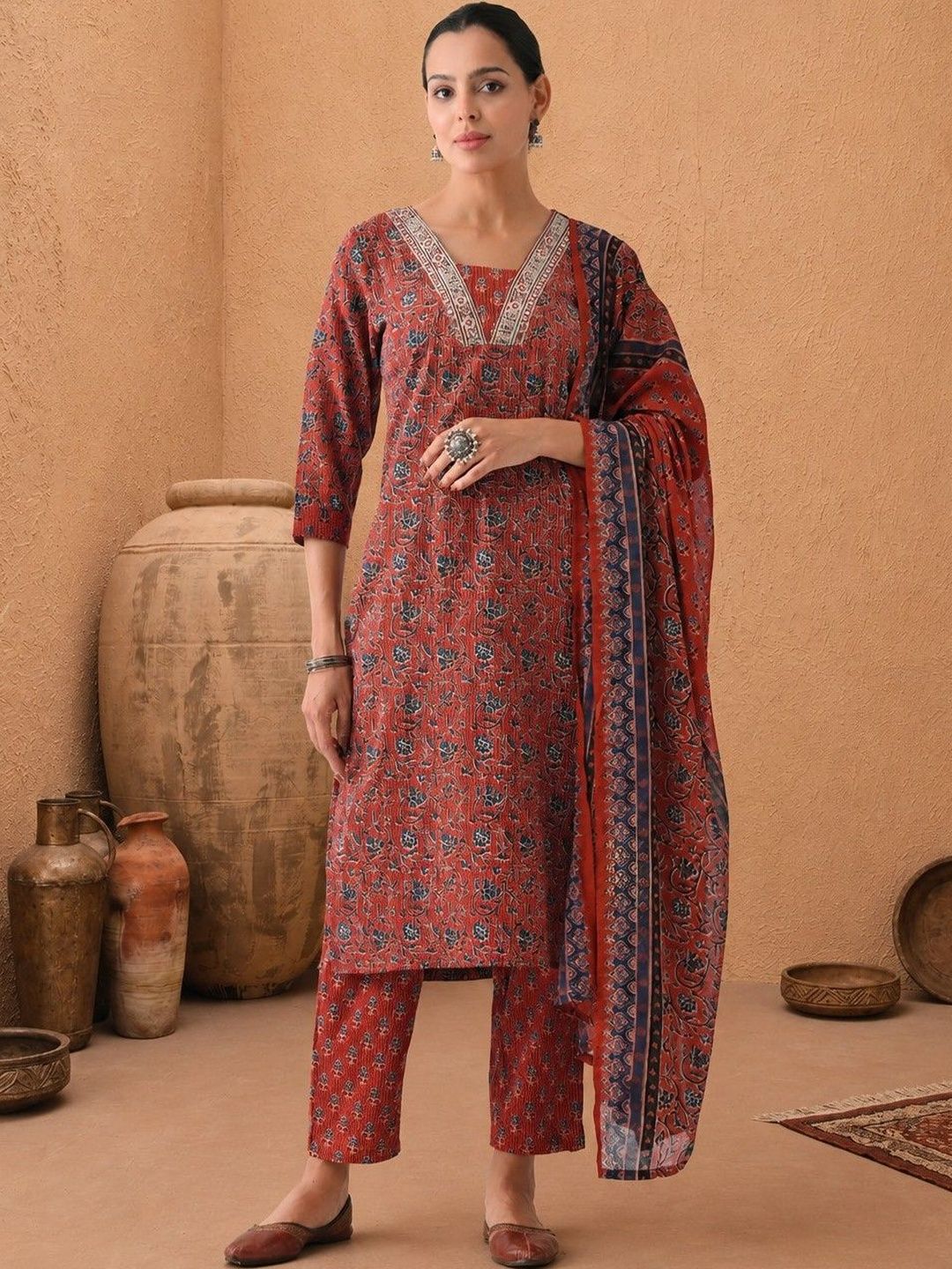 Women Printed Kurta with Trousers With Dupatta Sabhyata Women Ethnic Motifs Printed Regular Mirror Work Kurta with Trousers & With Dupatta