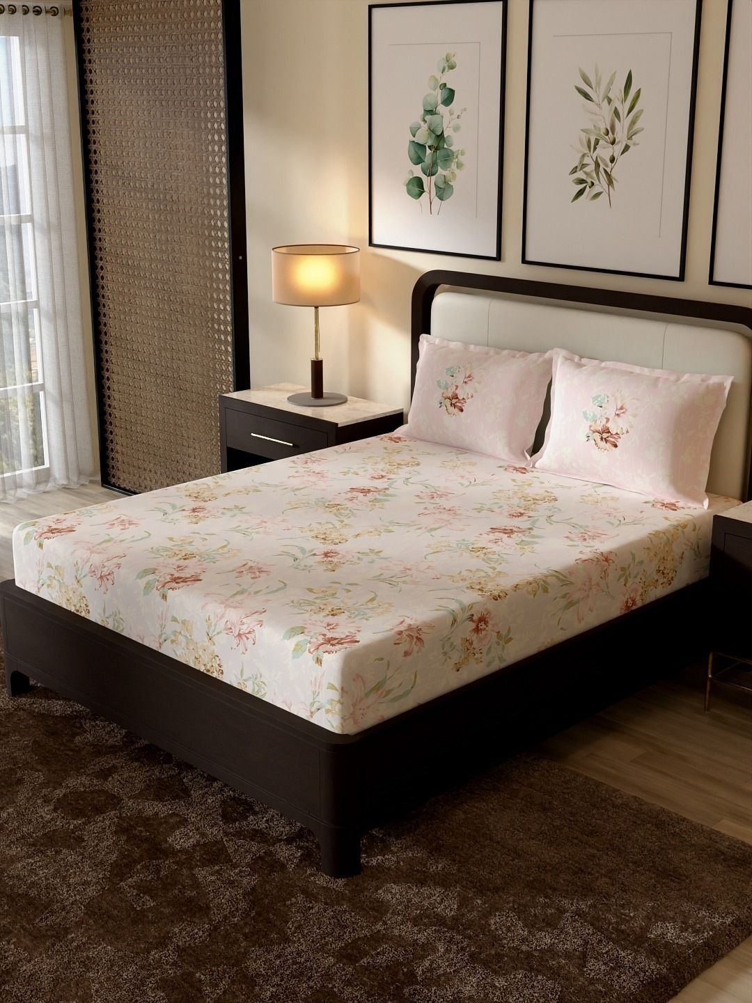 Portico New York Signature Off White Floral 210 TC Bedsheet with 2 Pillow Covers
