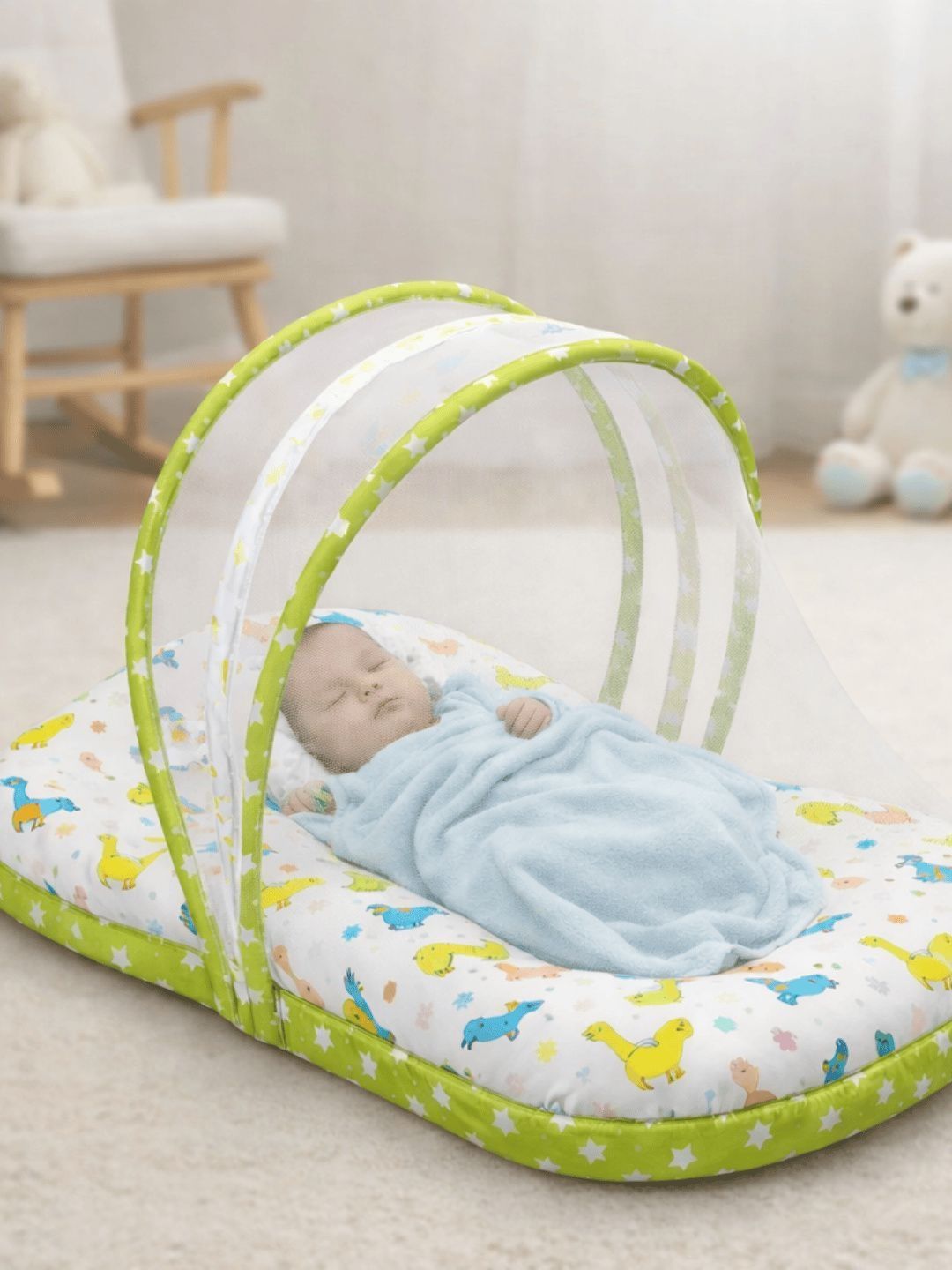 Playful Plunge Green & White Cartoon Characters Cotton 1 Piece Crib Regular Bedding Set