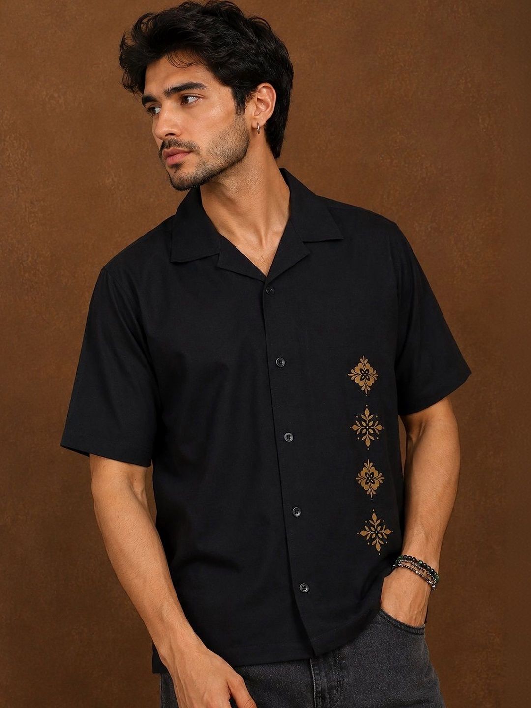 HERE&NOW Men Black Star Printed Shirt