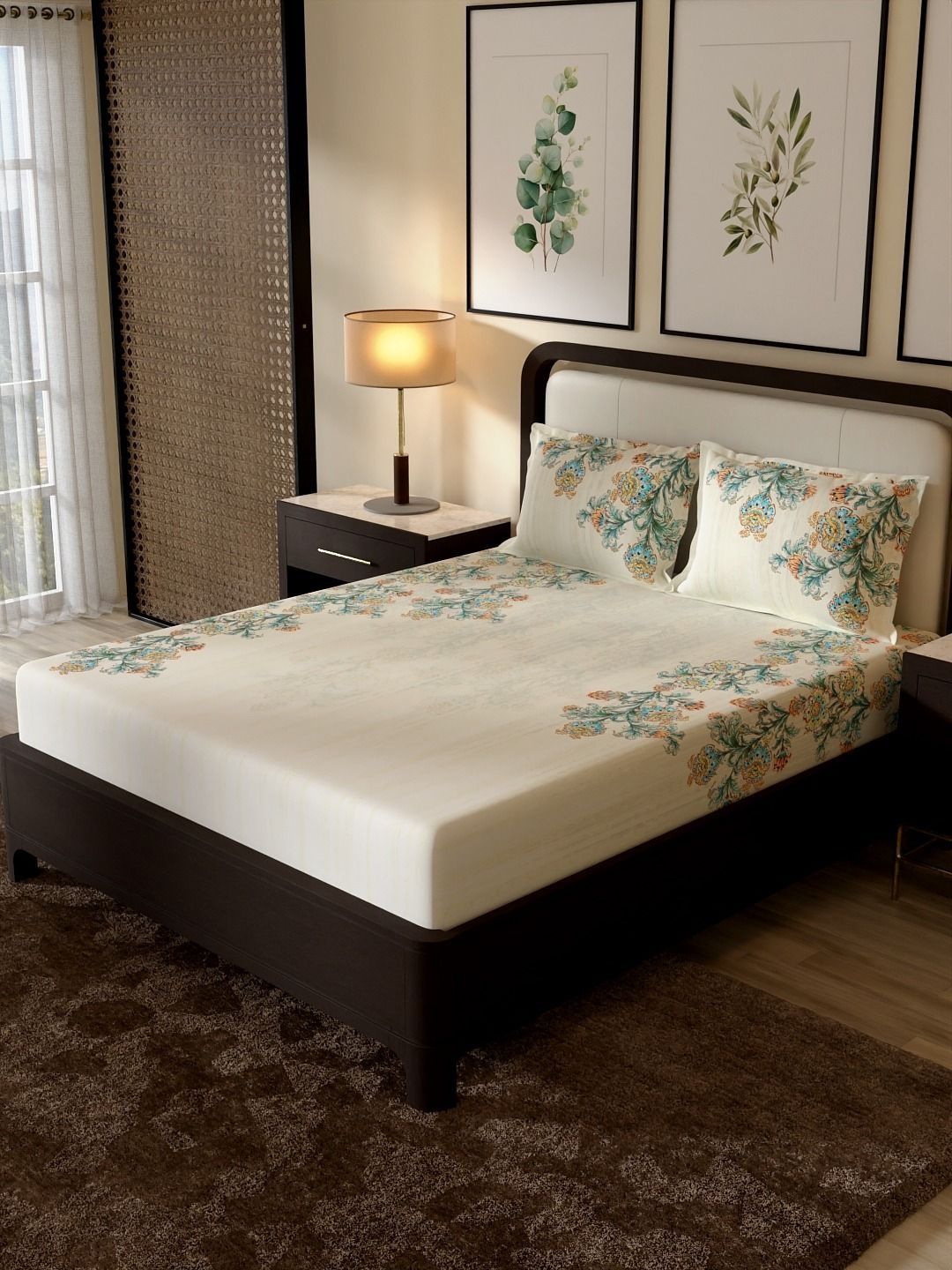 Portico New York Signature Portico New York Signature Cream-Coloured Floral 144 TC King Bedsheet with 2 Pillow Covers