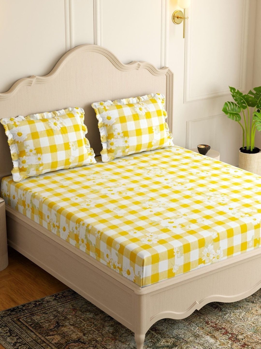 Pure Decor White Cotton Feel Floral King Double Bed Bedsheet With 2 Frill Pillow Covers