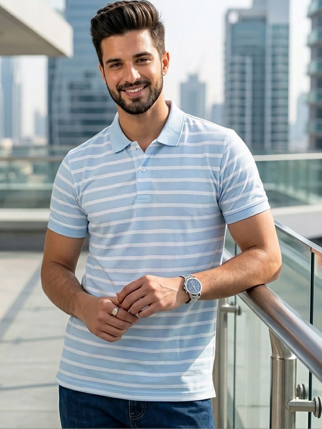 RELANE Men Striped Polo Collar T-shirt