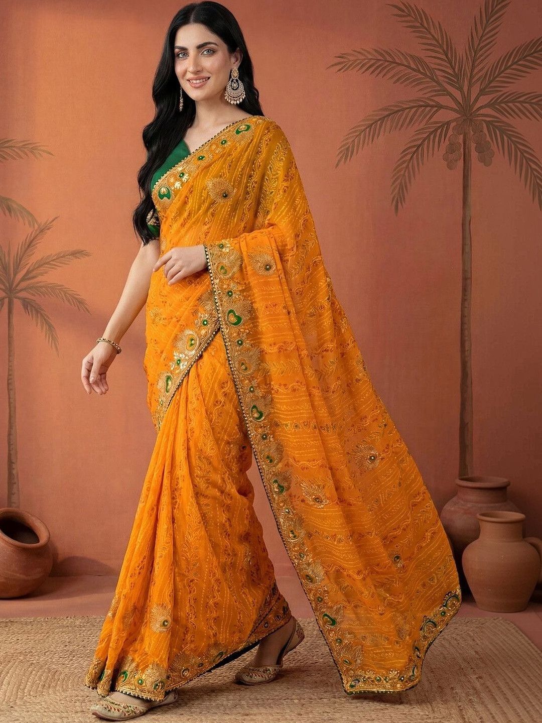 Sangria Embroidered Bandhani Printed & Gota Lace Sarees With Unstitched Blouse Piece