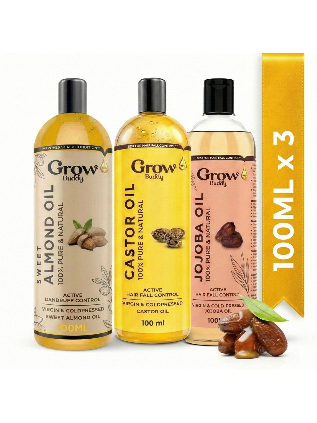 Growbuddy Set Of 3 Almond Castor & Jojoba Hair Oils - 100 ml Each