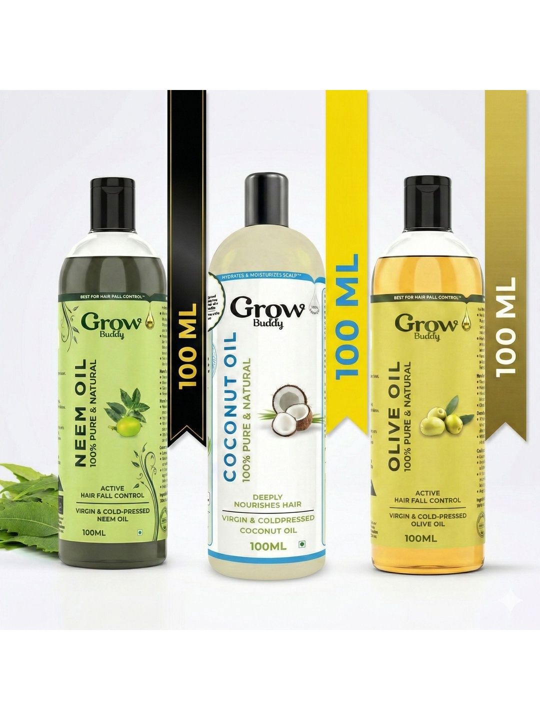 Growbuddy Set Of 3 Neem Coconut & Olive Hair Oil - 100 ml Each