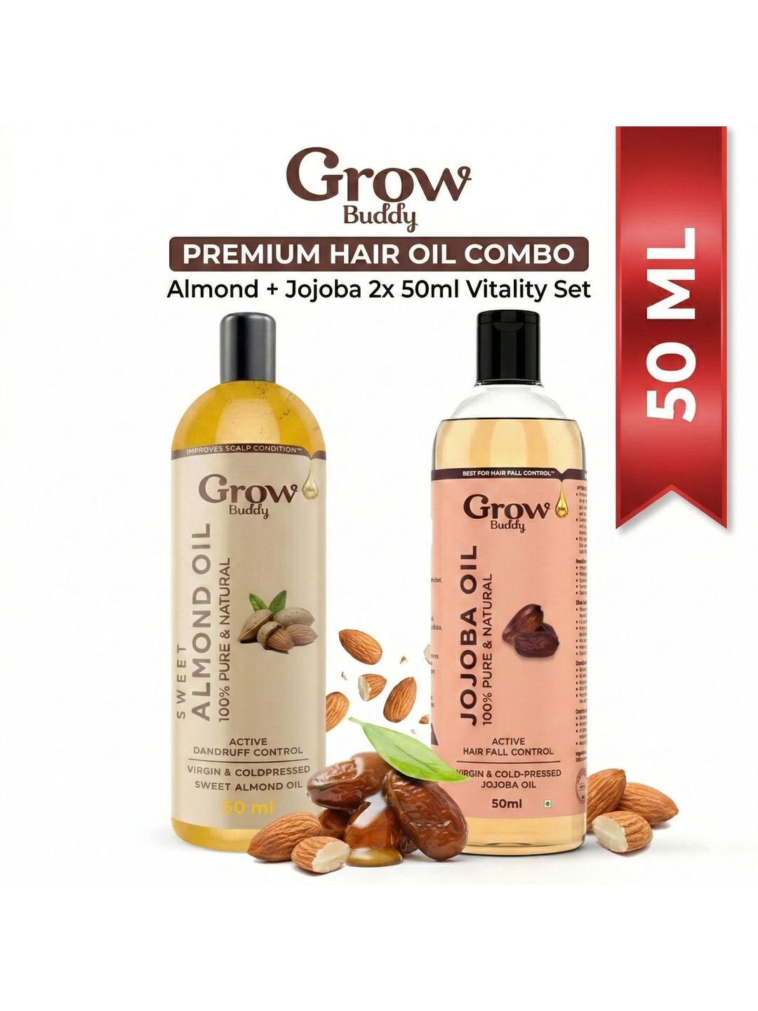 Growbuddy Set Of 2 Active Hair Fall & Dandruff Control Almond & Jojoba Oil - 50 ml Each