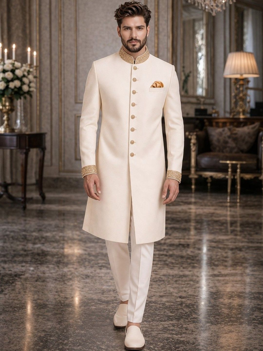House of Pataudi Embroidered Cotton Sherwani Set