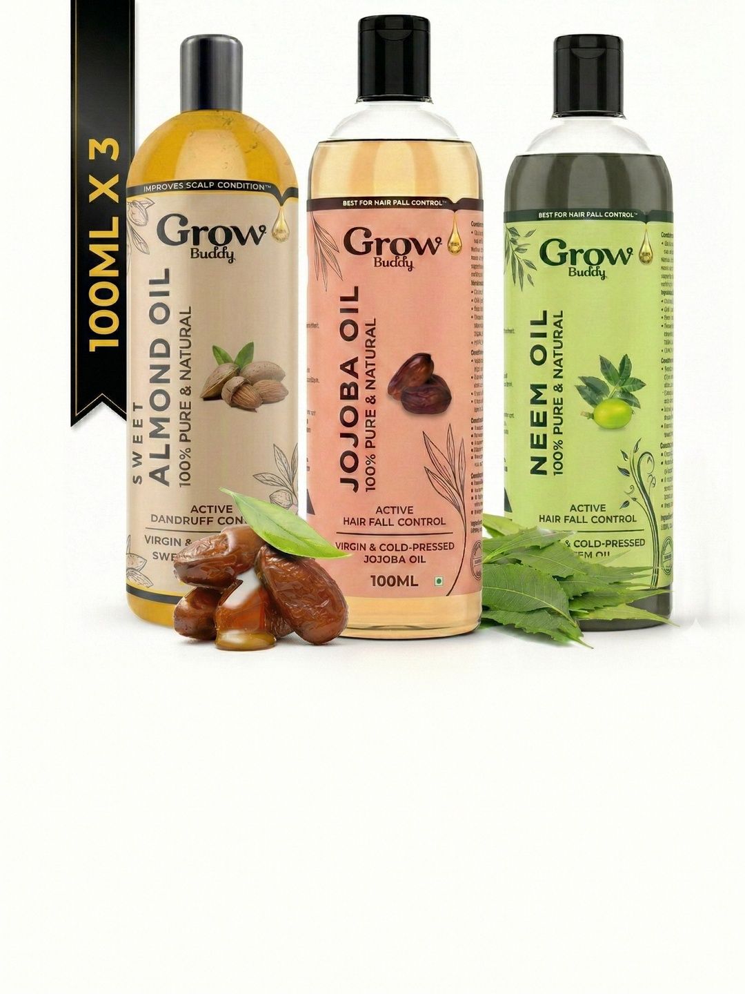 Growbuddy Set Of 3 Pure & Natural Jojoba Neem & Almond Hair Oils - 100ml Each