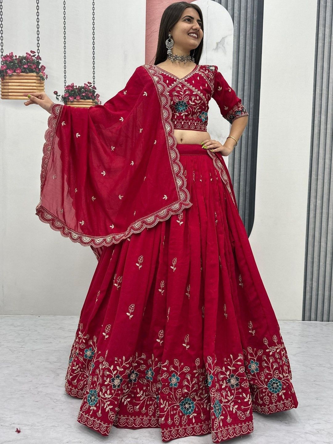 all about you Embroidered Thread Work Semi-Stitched Lehenga & Blouse With Dupatta