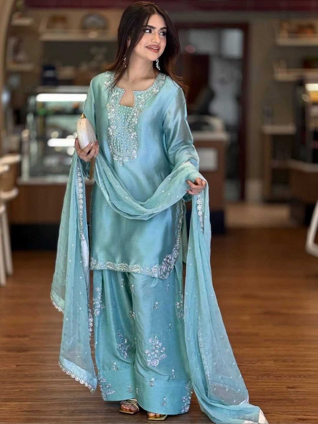 HERINK FASHION Women Ethnic Motifs Embroidered Regular Thread Work Raw Silk Kurta with Palazzos & With