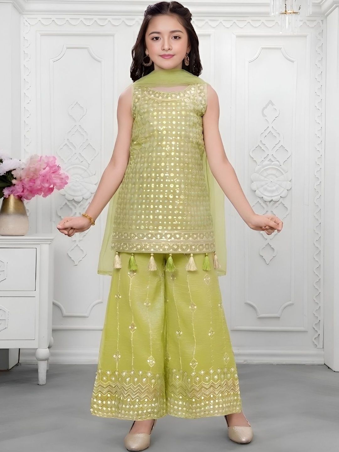 Ministitch Girls Ethnic Motifs Embroidered Regular Thread Work Kurta with Palazzos & With Dupatta