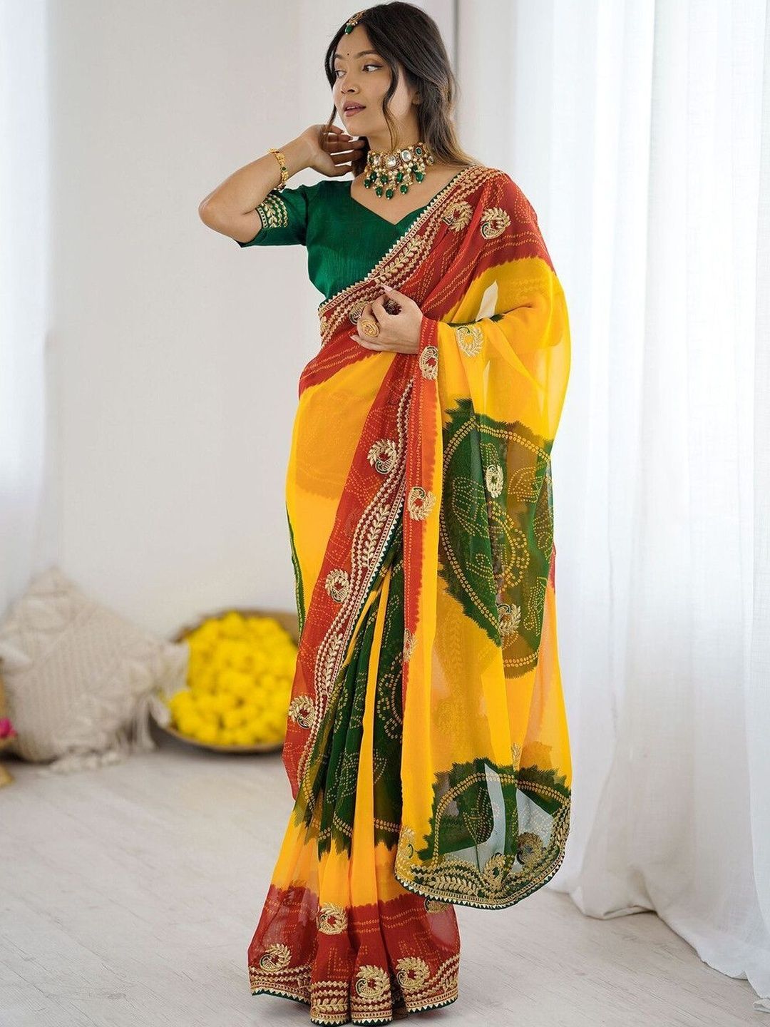 Sangria Bandhani Embroidered Pure Georgette Heavy Work Bandhani Saree