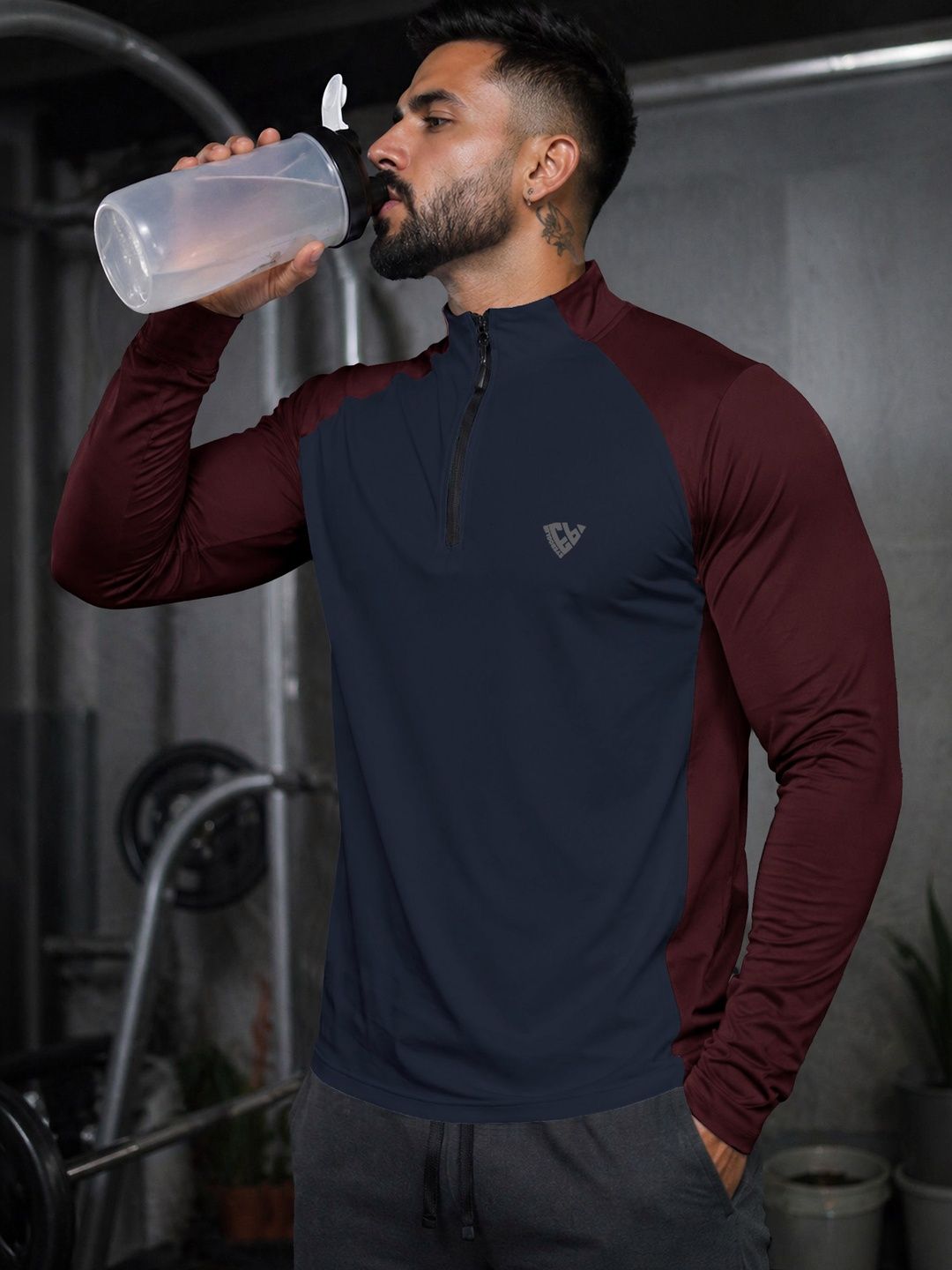 Eyebogler Men Brand Logo Colourblocked High Neck T-shirt