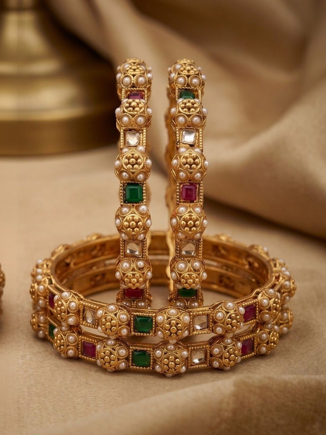 Anouk Set of 4 Gold-Plated Antique Stone Studded & Beaded Bangles