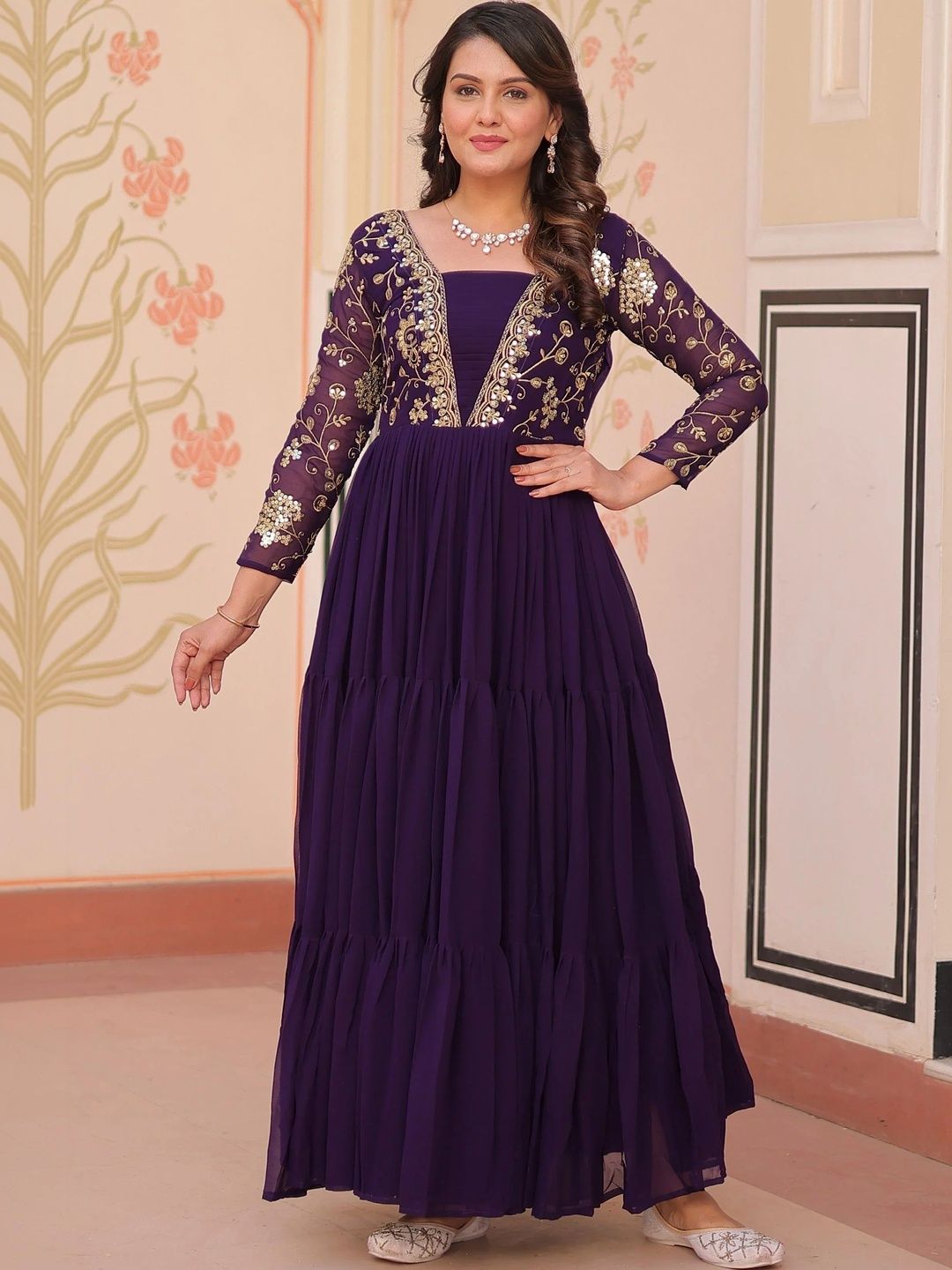 Sangria Embroidered Sequinned Fit & Flare Ethnic Dresses