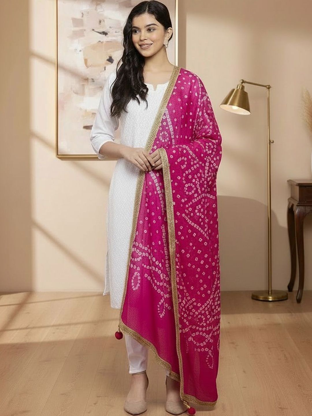 KALINI Bandhani Tie & Dye Gotta Patti Silk Blend Dupatta