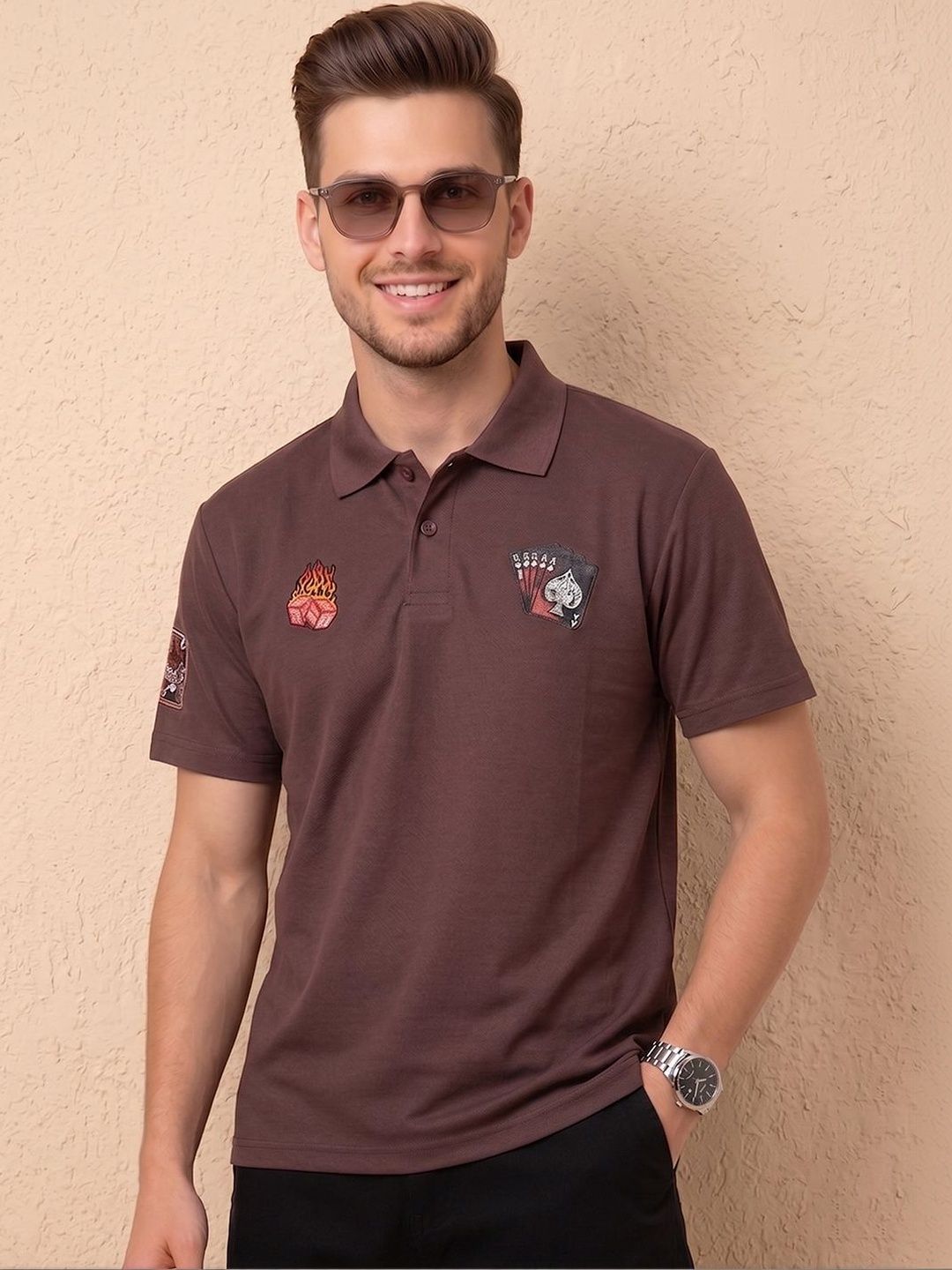 Moda Rapido Men Printed Polo Collar Applique T-shirt