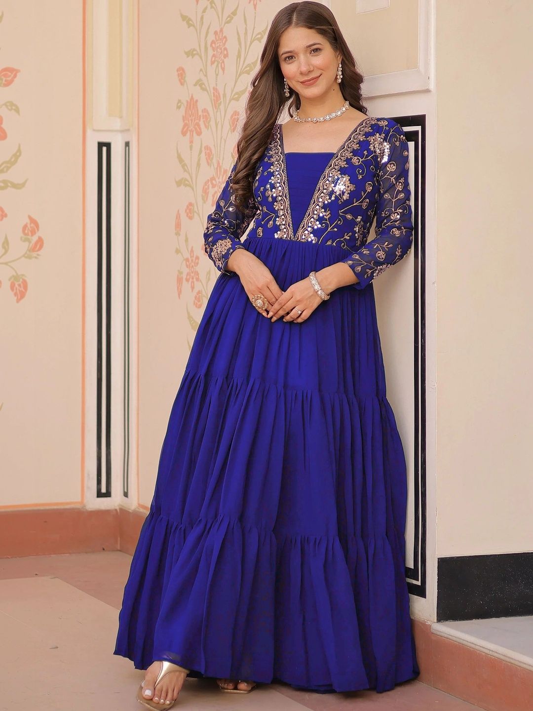 Sangria Sangria  Ethnic Motifs Embroidered Sequinned Fit & Flare Maxi Ethnic Dress