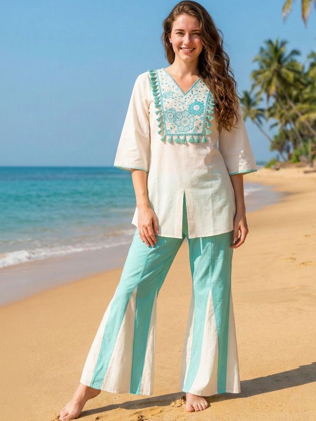 NEW ETHNIC 4 YOU Bohemian Embroidered Tunic with Palazzos