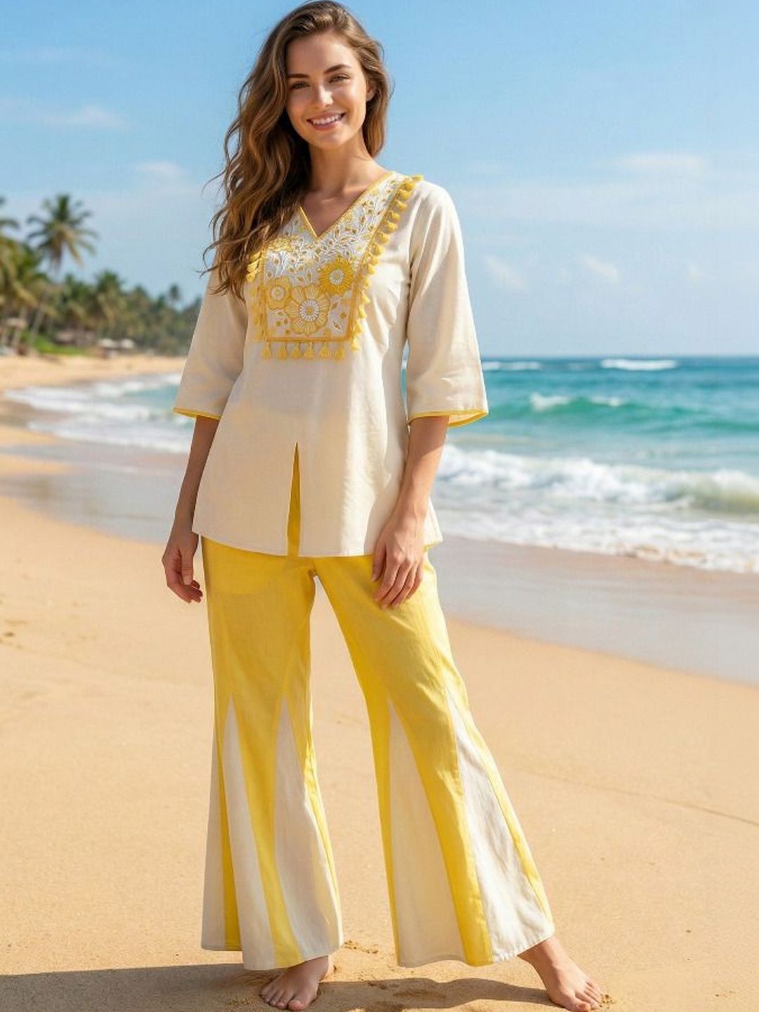 NEW ETHNIC 4 YOU Bohemian Embroidered Top with Palazzos