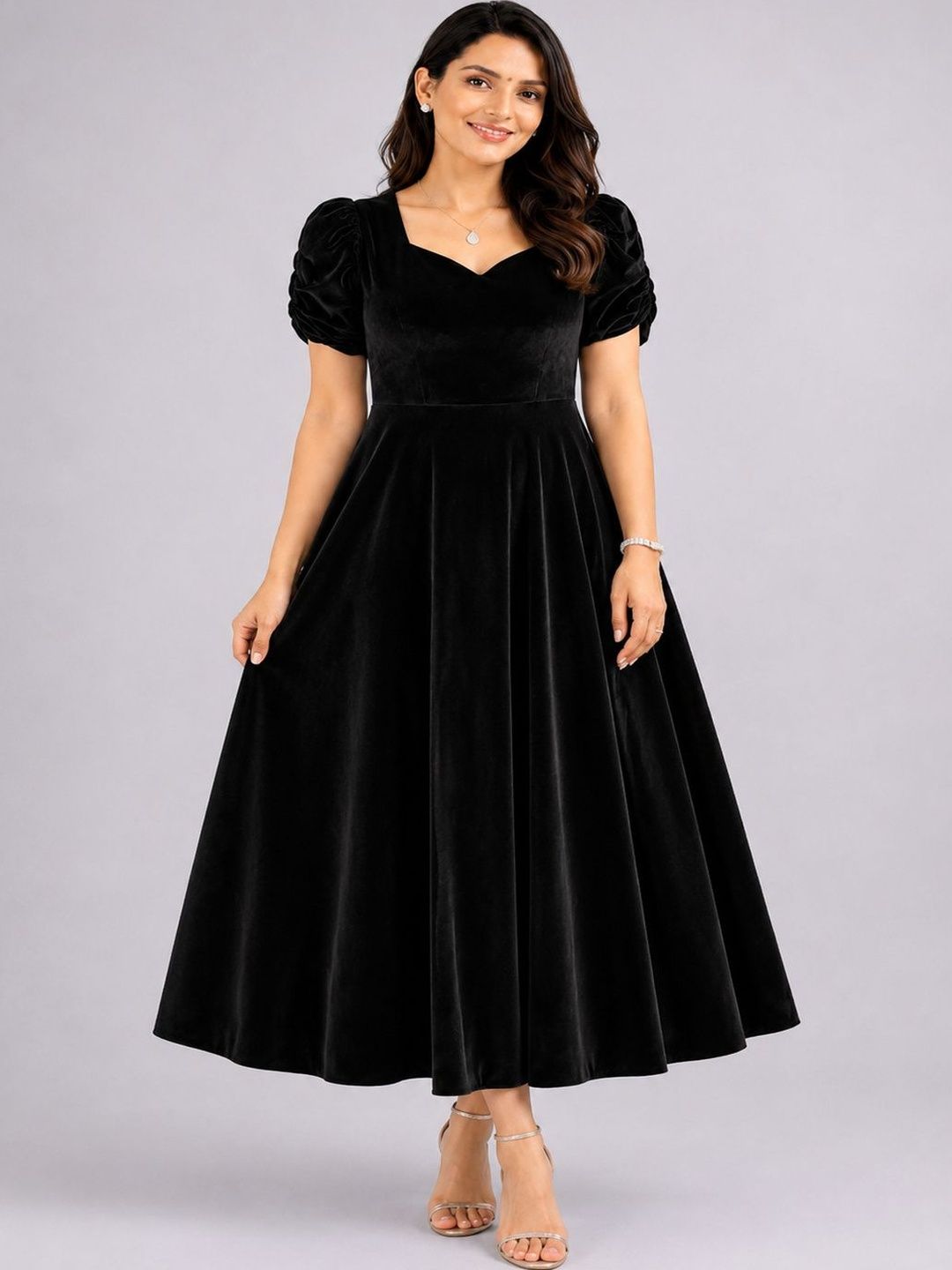 Aumira Puff Sleeve Velvet Fit & Flare Maxi Dress