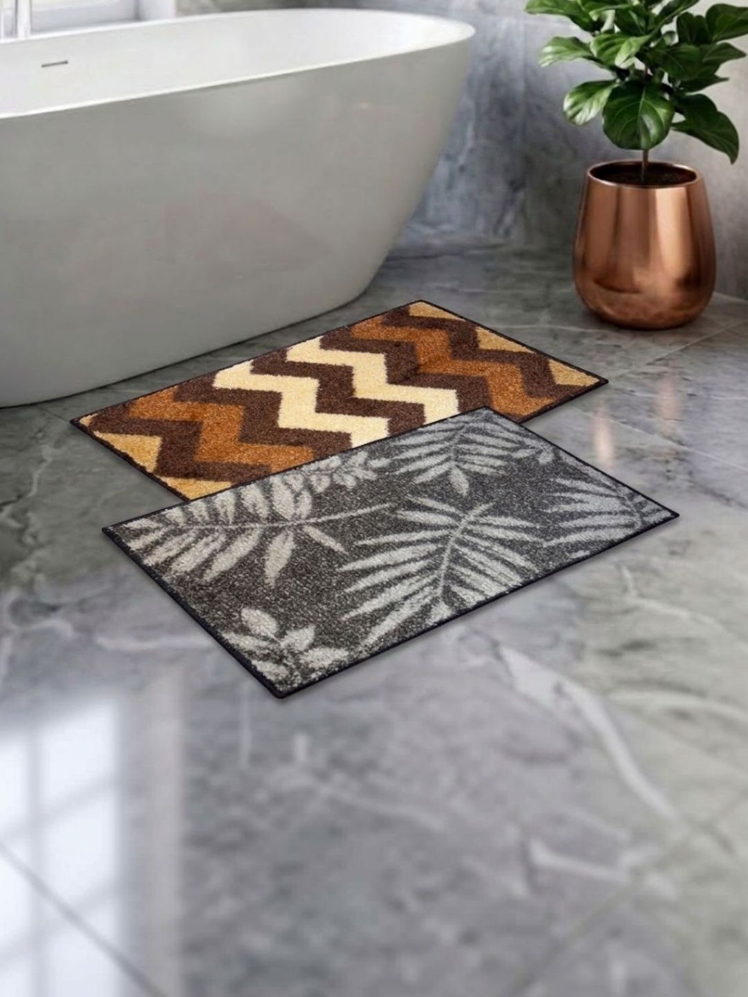 Athom Living Pack Of 2 Grey & Brown Printed Anti Slip Bath Mat
