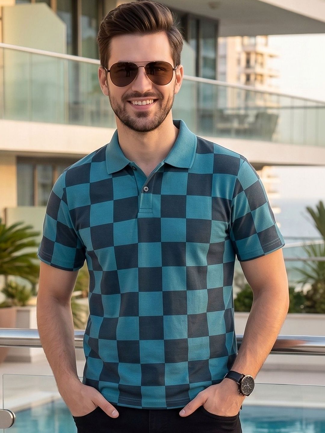 Mast & Harbour Men Checked Polo Collar T-shirt