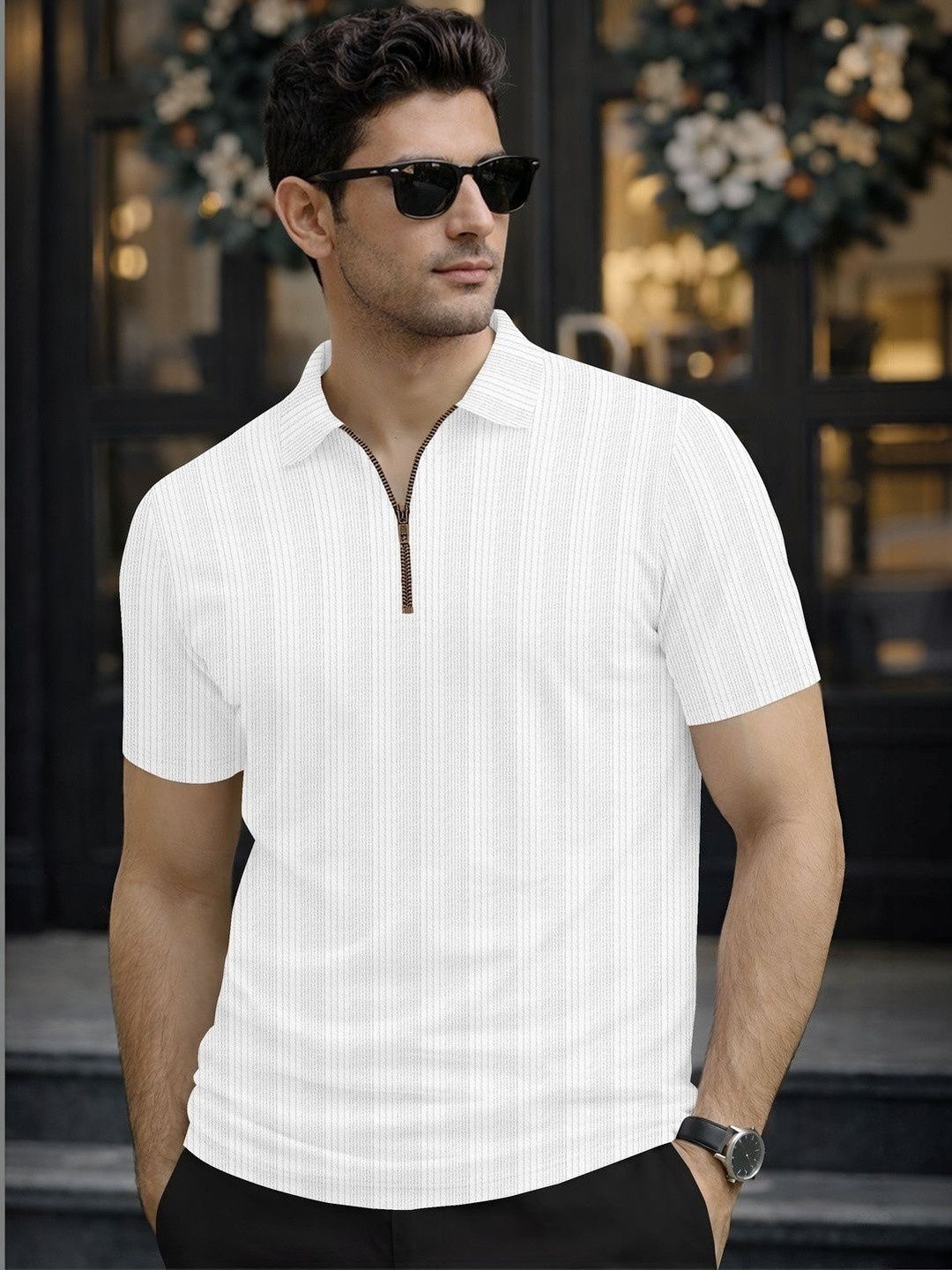 COMBRAIDED Men Striped Polo Collar T-shirt