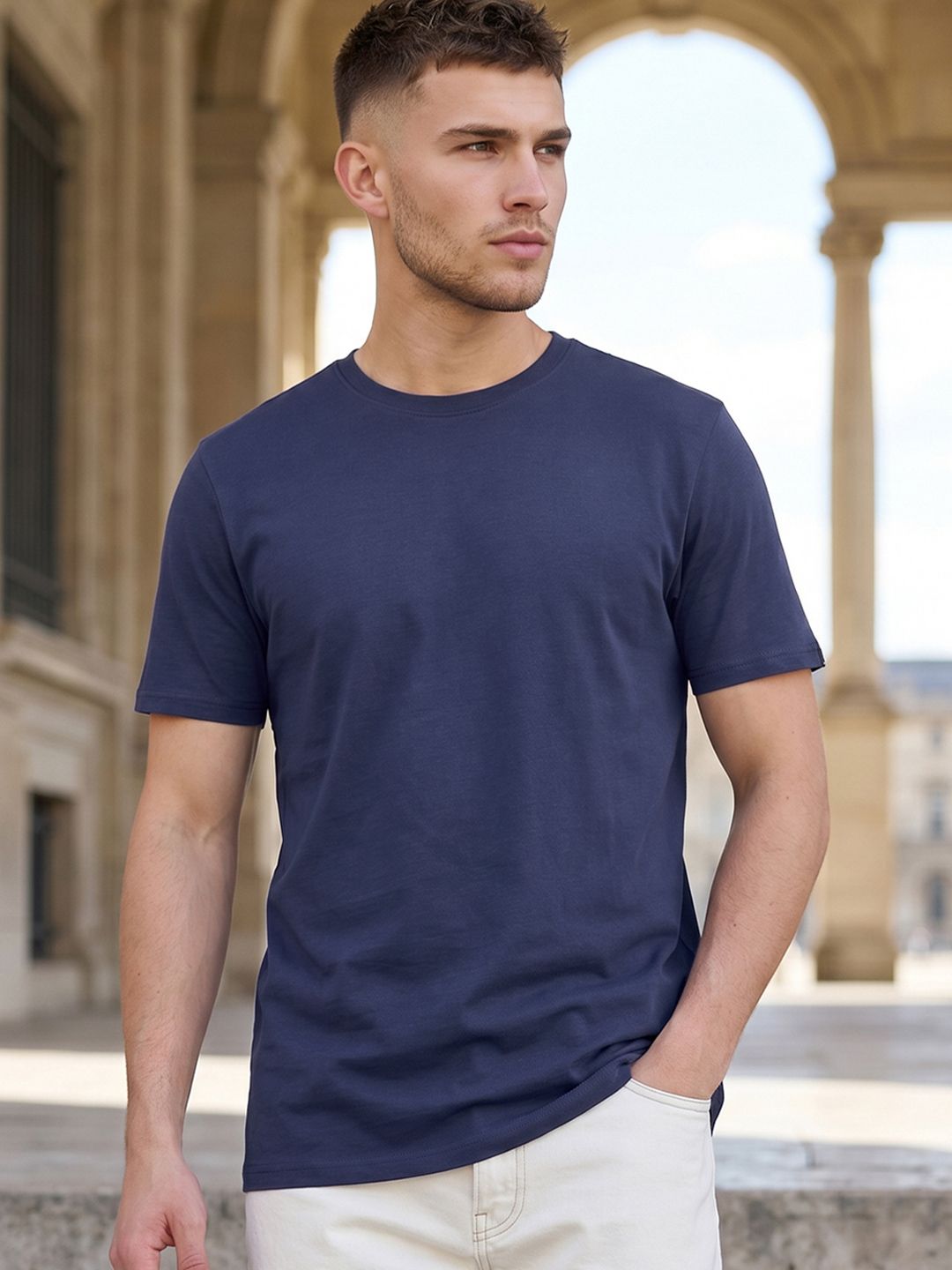Bewakoof Men Navy Blue Solid Round Neck Pure Cotton T-shirt