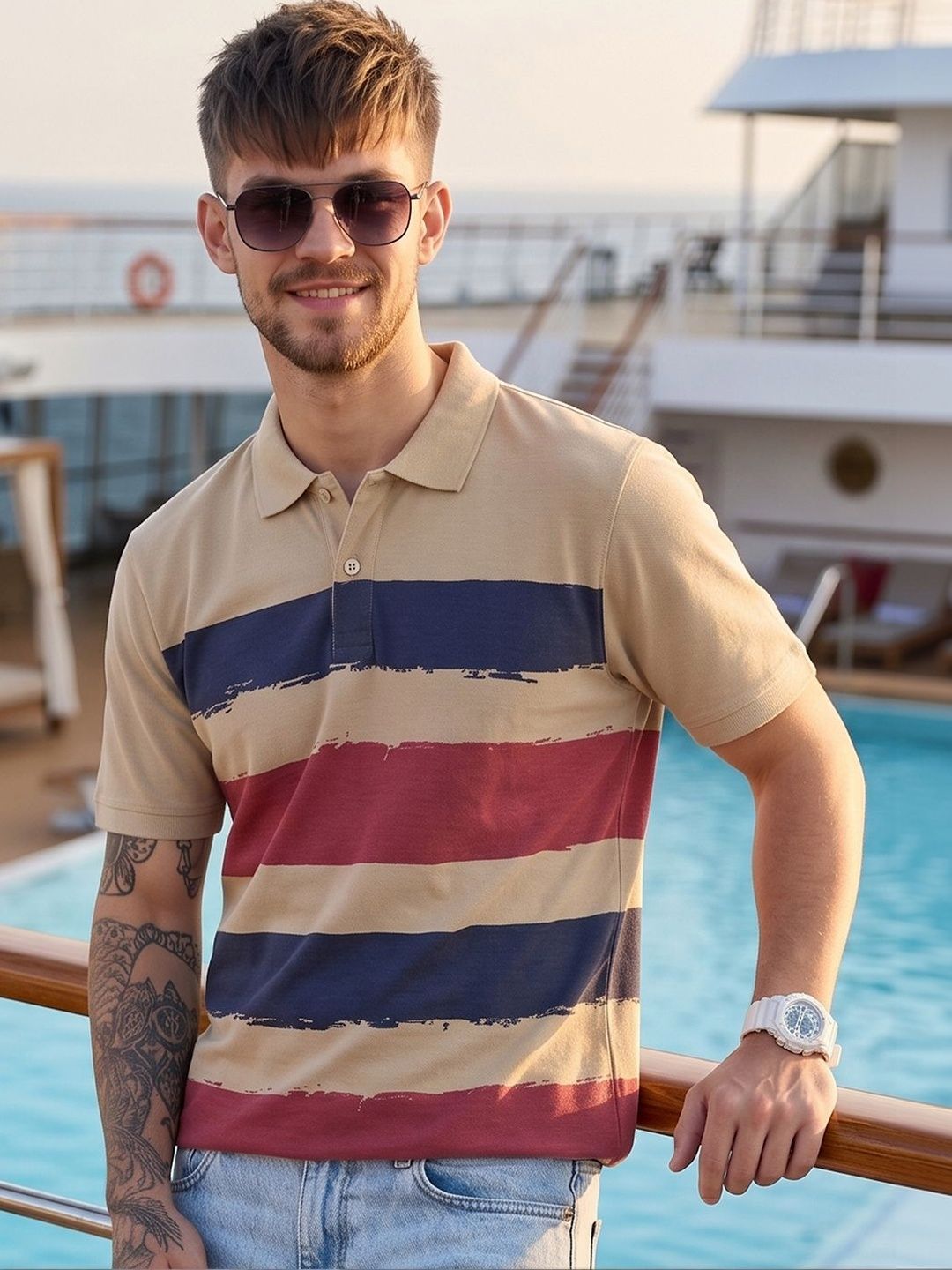 Mast & Harbour Men Striped Polo Collar T-shirt