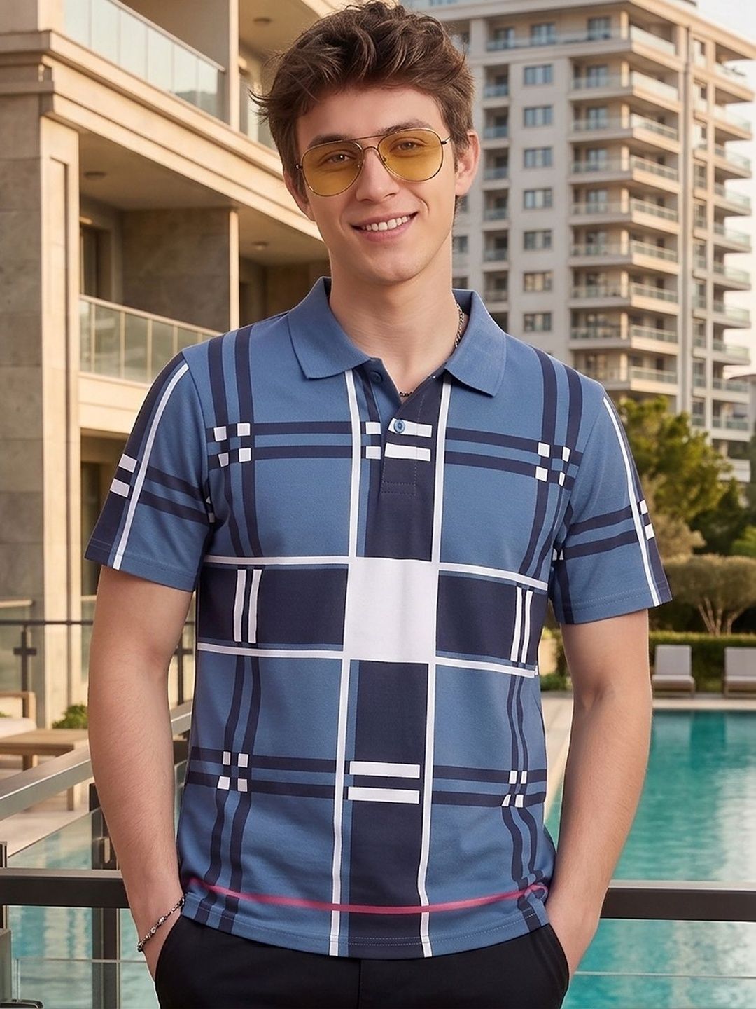 Mast & Harbour Men Checked Polo Collar T-shirt