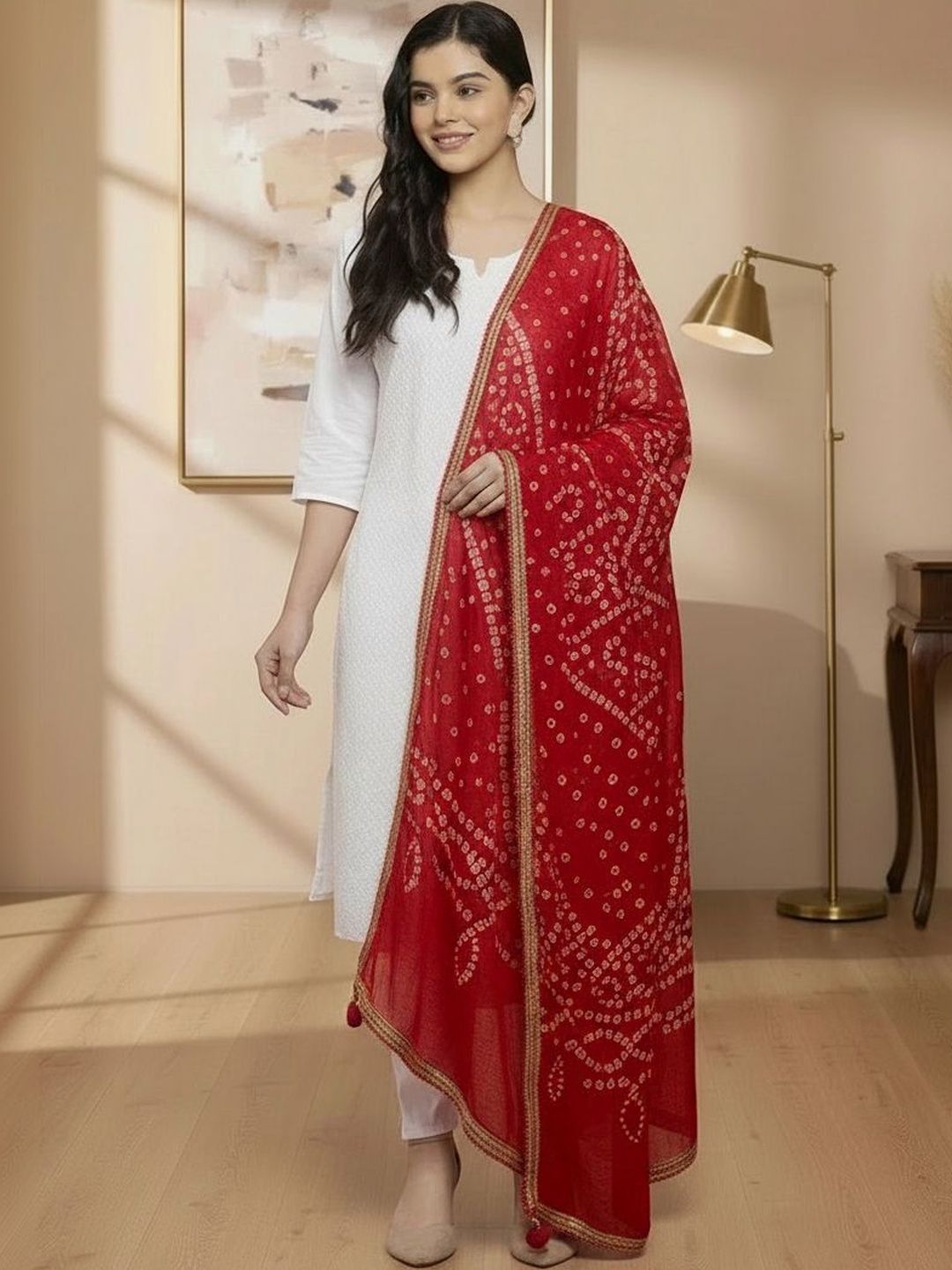 KALINI Bandhani Tie & Dye Gotta Patti Silk Blend Dupatta