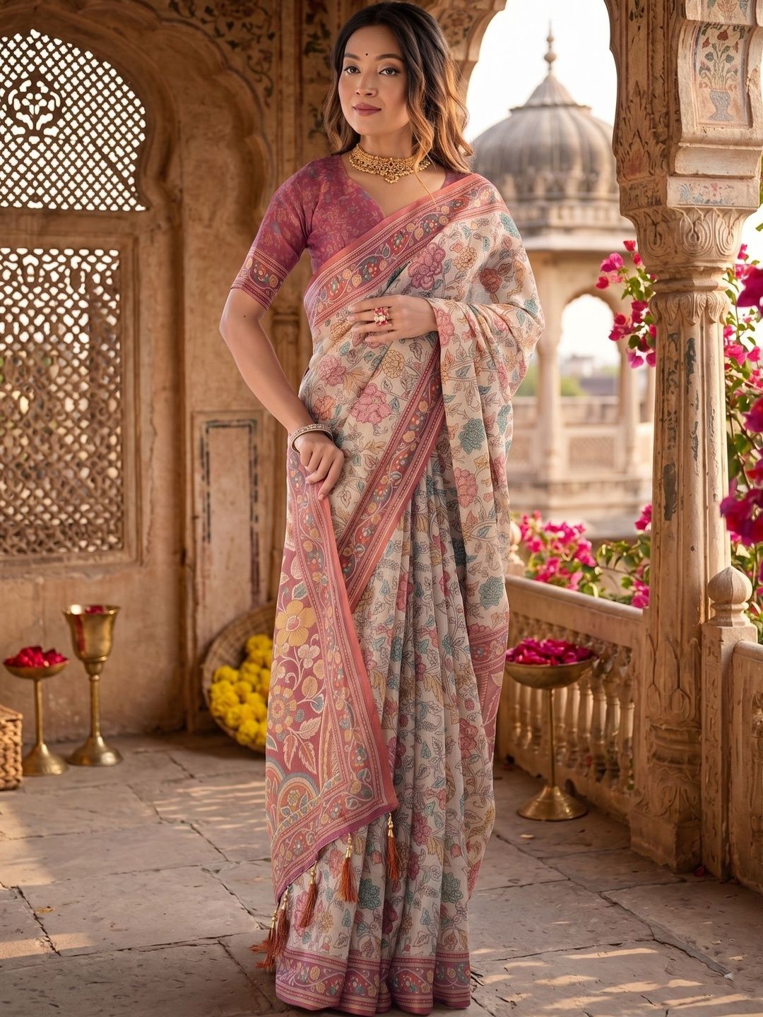 Aaishvyapparels Floral Zari Cotton Blend Saree