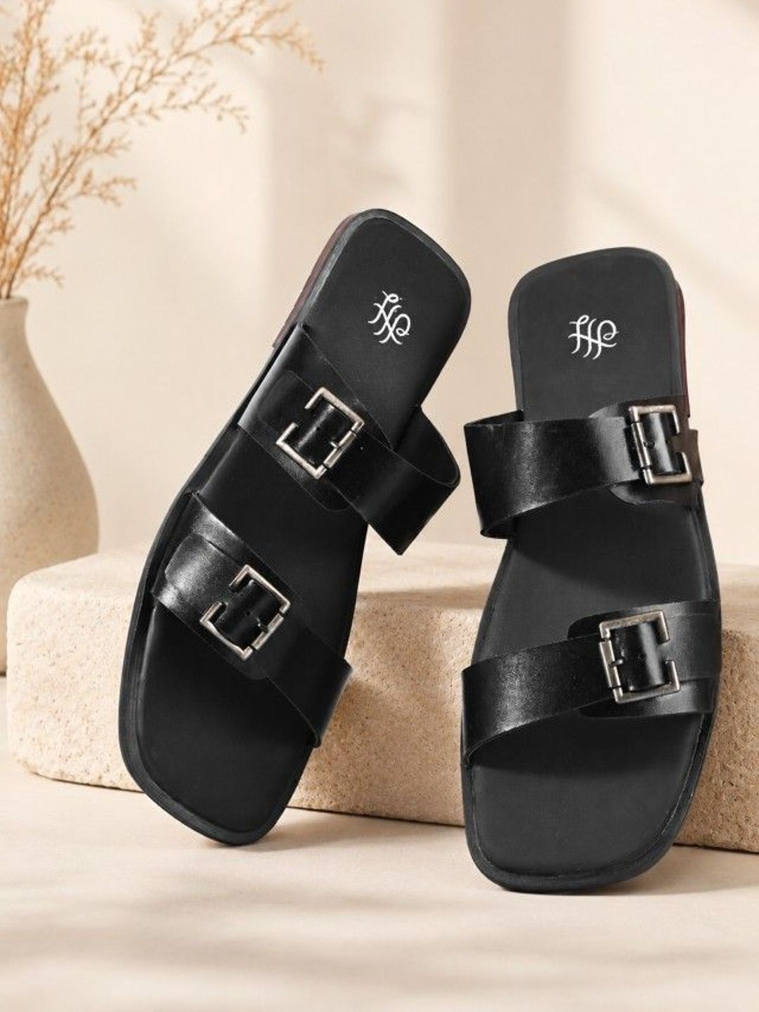House of Pataudi Men Black Casual Slip On T-Strap Anti Slip Flat Heel Lightwieght Sandals