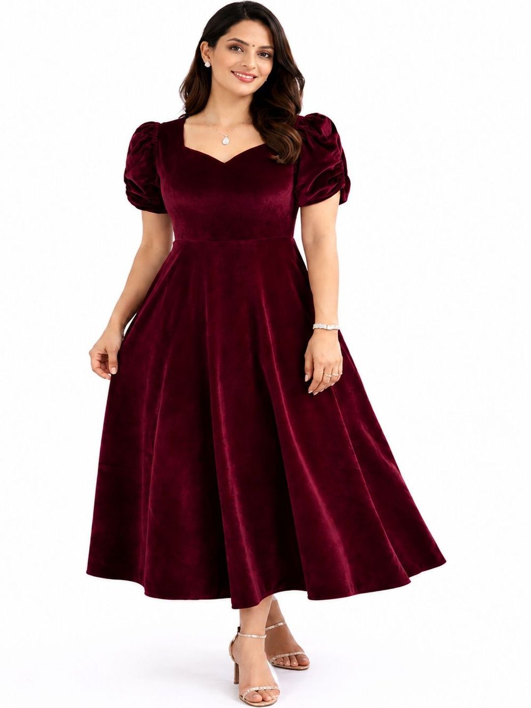 Aumira Aumira Puff Sleeve Velvet A-Line Midi Dress