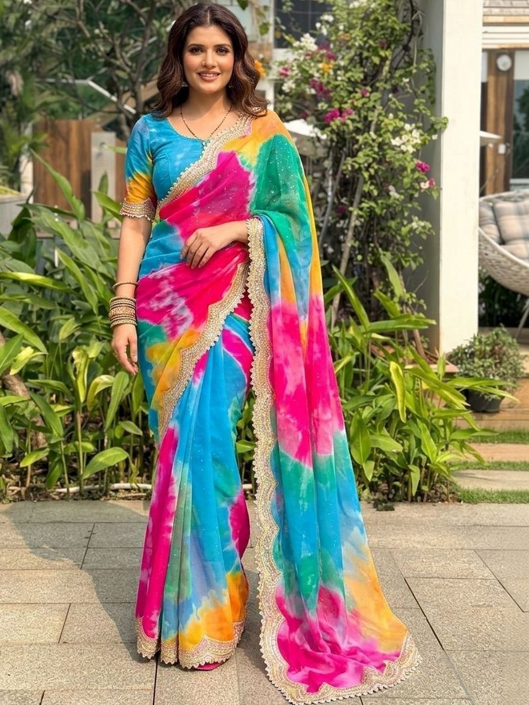 Sangria Sangria Tie and Dye Sequinned Pure Georgette Leheriya Saree