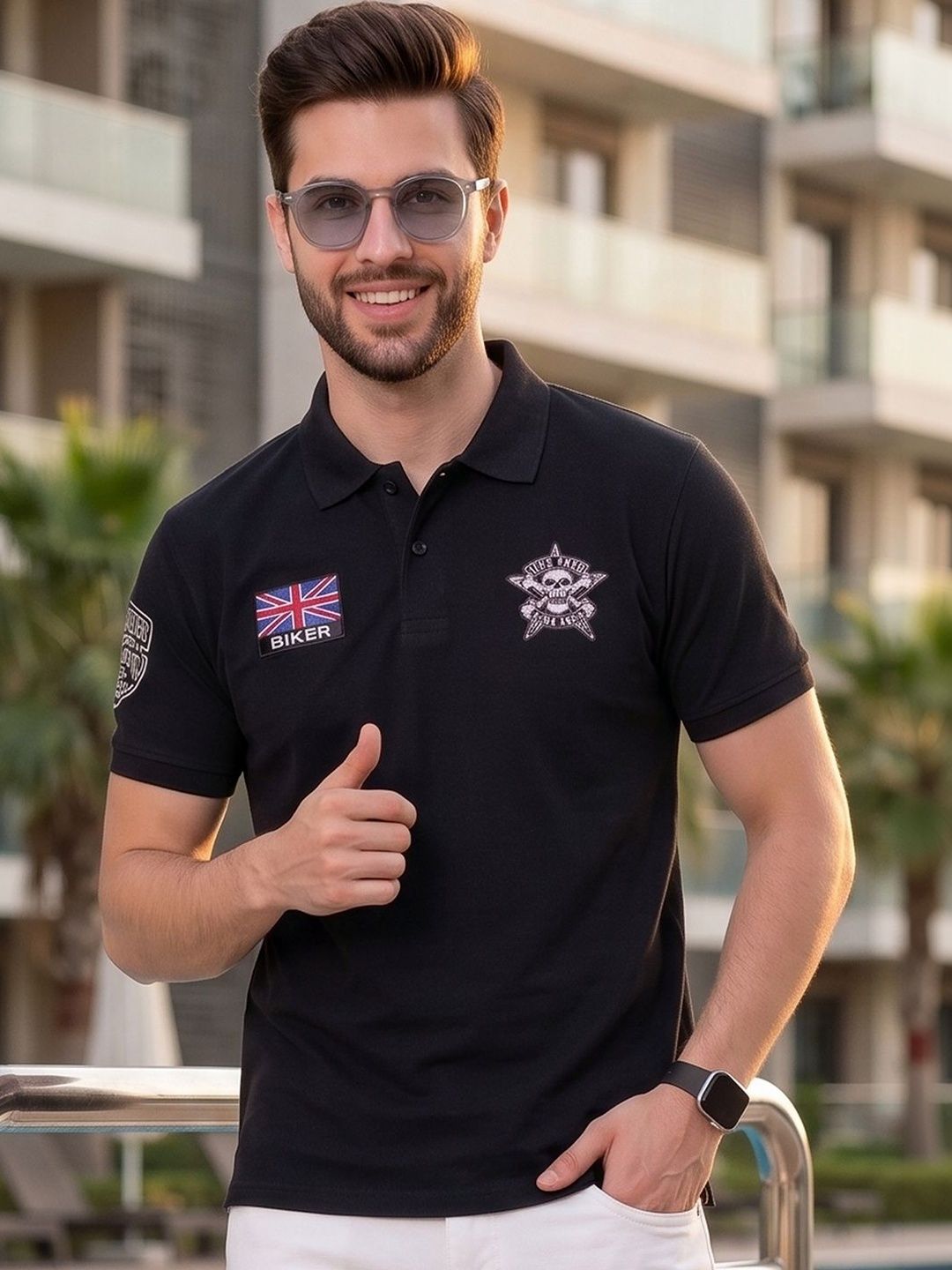 Mast & Harbour Men Biker Printed Polo Collar T-shirt