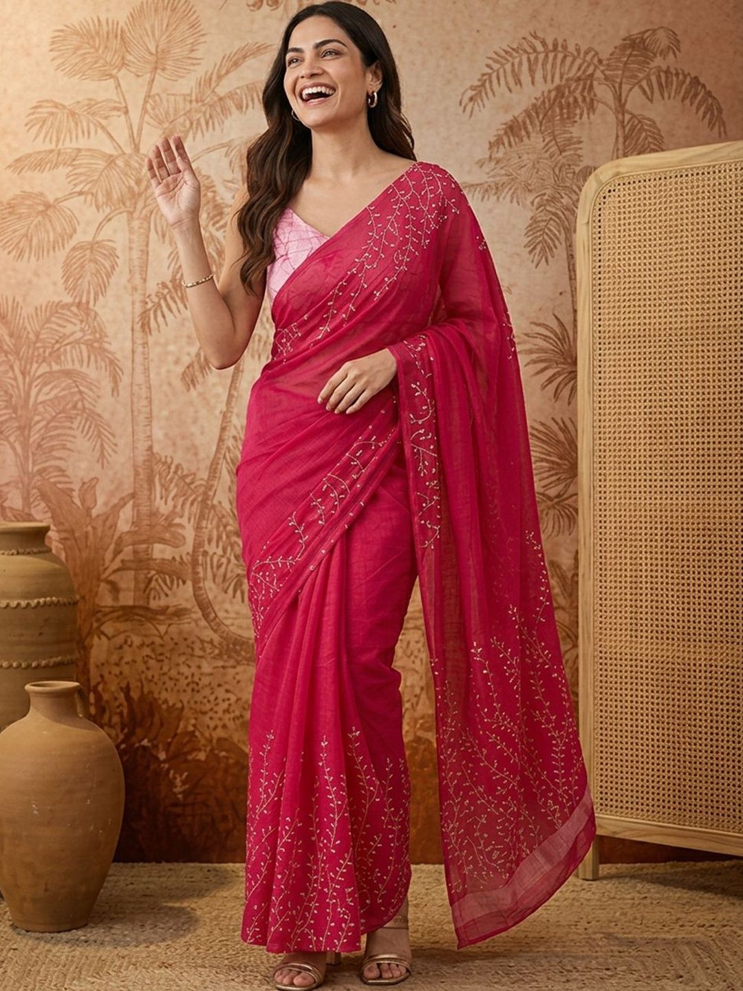 Sangria Ethnic Motifs Embroidered Pure Cotton Saree