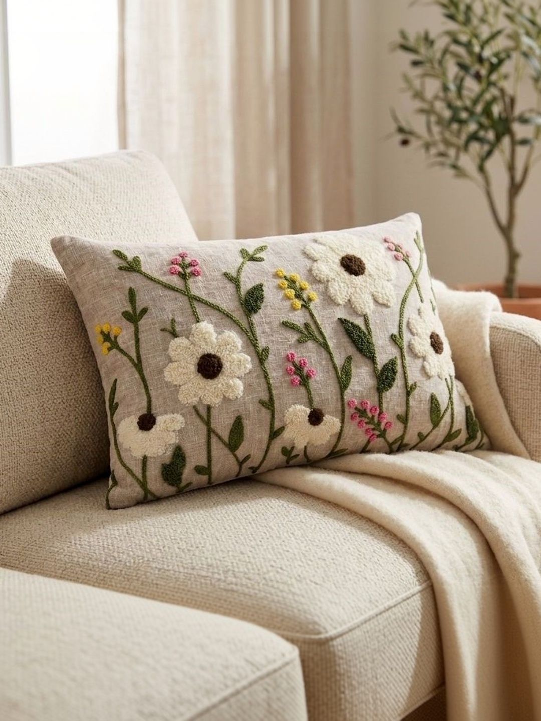 MONKDECOR Beige Floral Linen Rectangle Cushion Covers