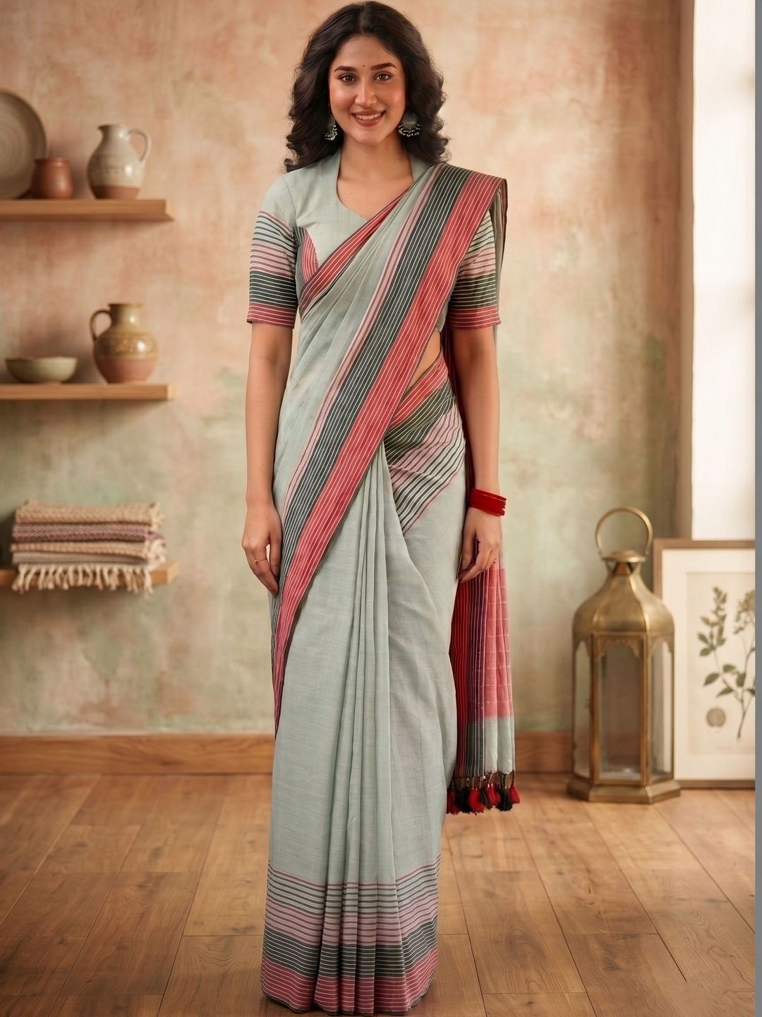 Dinesh Ethnic Traditional Wear Dinesh Ethnic Traditional Wear Striped Zari Pure Linen Handloom Saree