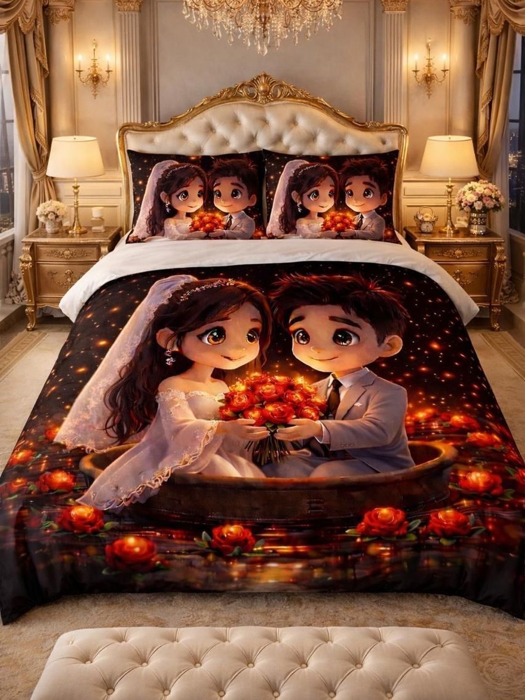 RAHESI HOME Multicoloured Conversational 220 TC King Bedsheet with 2 Pillow Covers